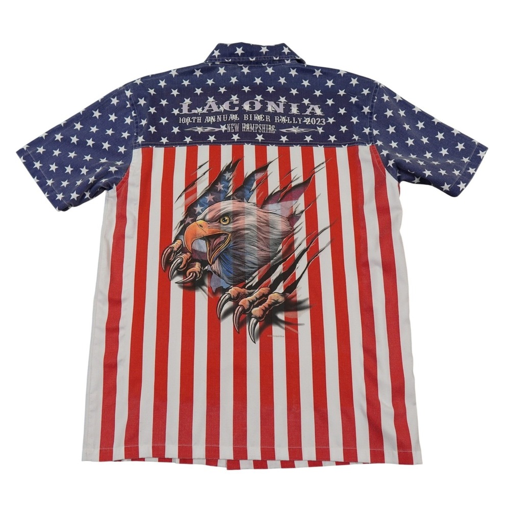 Biker Apparel 100th Laconia Rally USA Shirt Mens Medium Liquid Blue Eagle Star